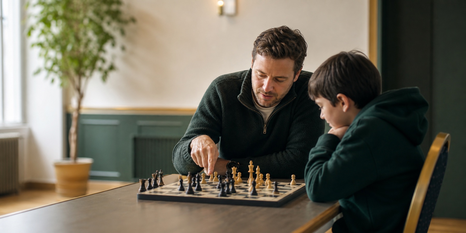 Un coach accompagne un jeune joueur devant un échiquier